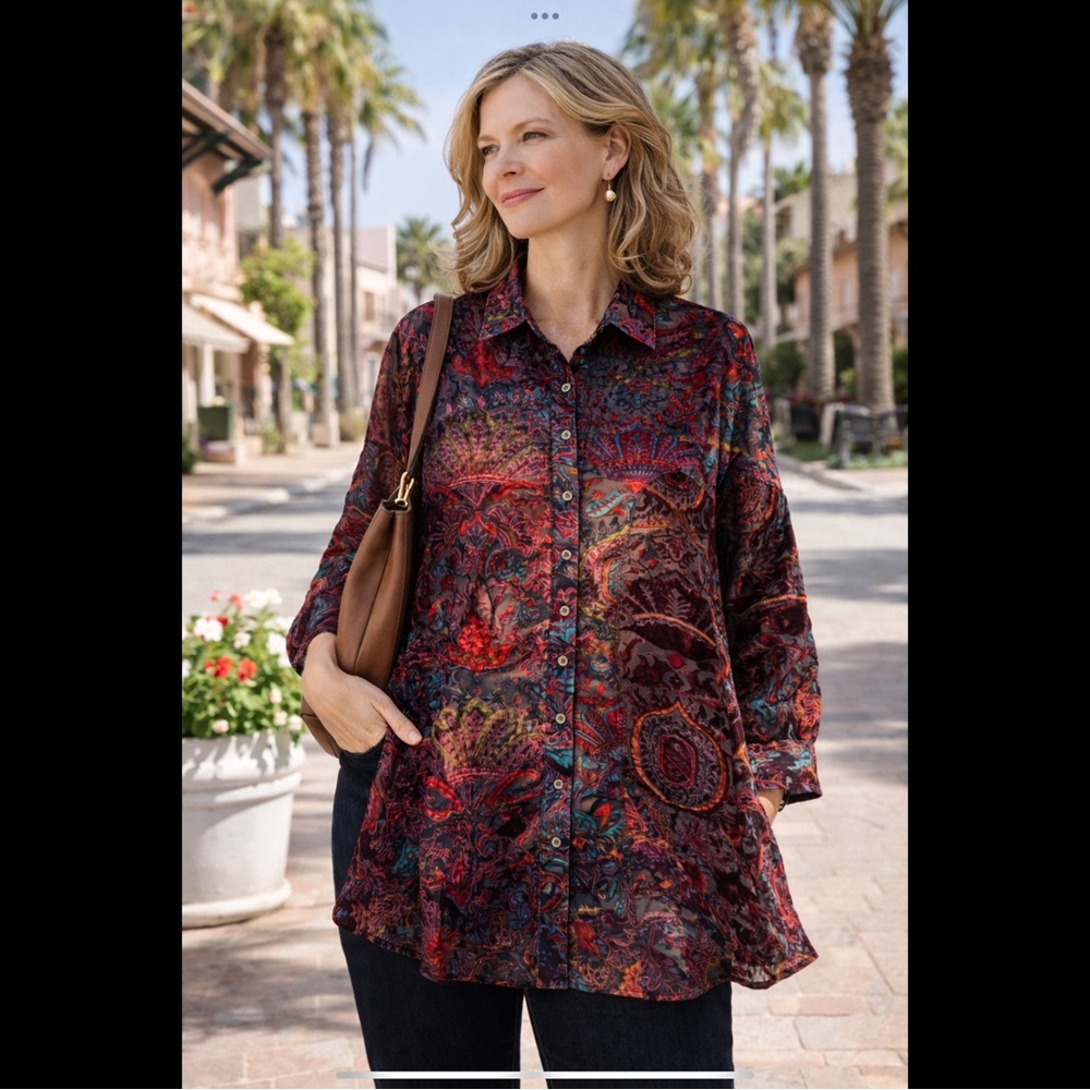 Adore Velvet Burnout Blouse L Jewel Tone Sheer Boho Holiday Top